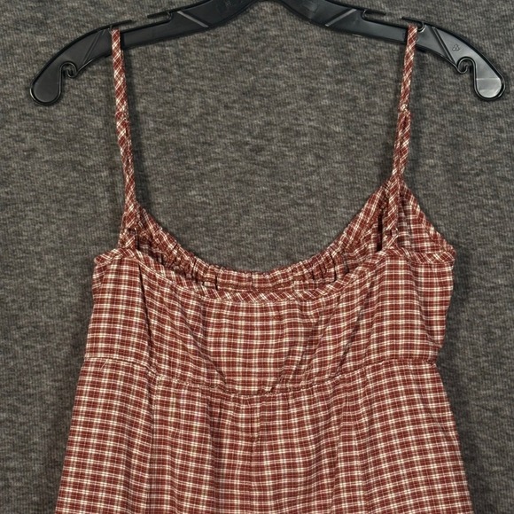 UNIF Plaid Cotton Mini Dress Burgundy Beige Check Spaghetti Strap Medium - Picture 6 of 11